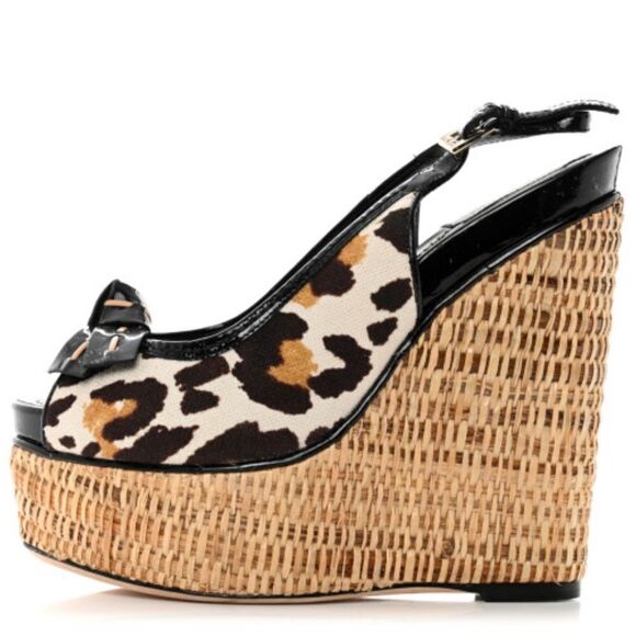 CHRISTIAN DIOR
Canvas Leopard Patent Ankle Strap Espadrille Wedges Naturel - Picture 1 of 9